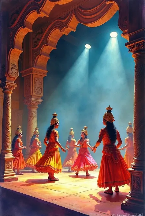 water colour painting of kerala people drama performance on stage inside theatre long view