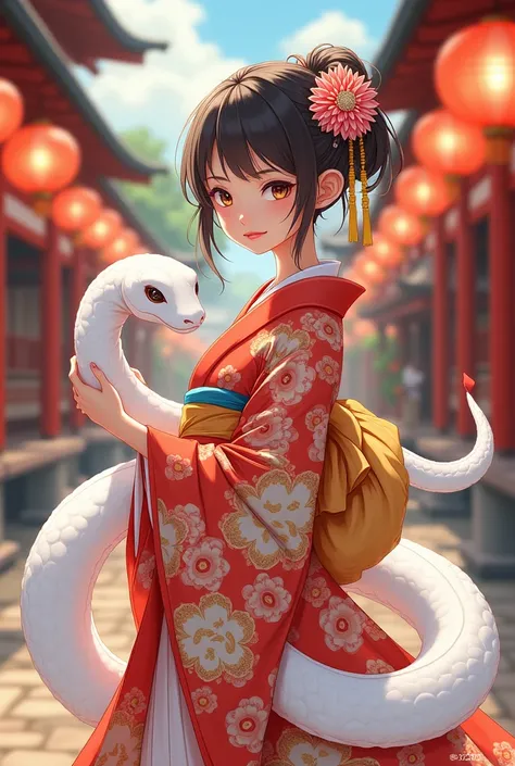 Nữ mang kimono,  with white snake ,  cartoon anime ,  new year scene