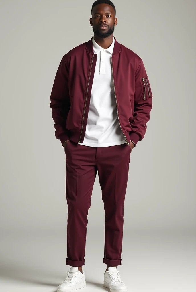 make man wearing with white polo uniform and layering with maroon bomber jacket and maroon trouser paired with airforce 1 shoes