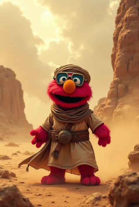 Generate an image of Elmo in a desert ,  dressed in desert clothes and during a sandstorm