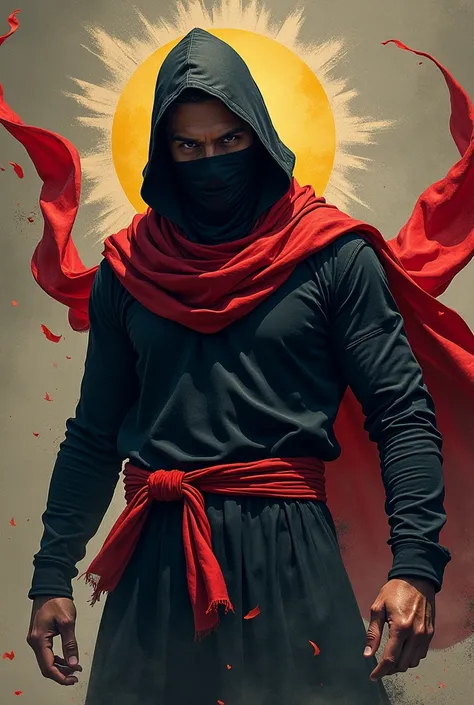 A man wearing a wake cap with a black mask on his chest a red scarf ripping around his belly a monster black long sleeve anime t-shirt with a photo of Brazil in the background 