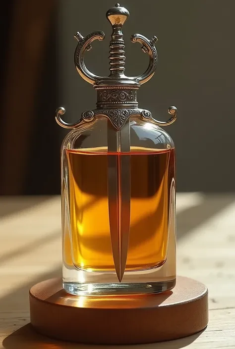 "A transparent perfume bottle with a golden hue, featuring a wooden hilt-like base and a silver, dual-tipped sword blade cap. The blade is detailed with engravings, and the bottle contains amber liquid, inspired by traditional and modern luxury."