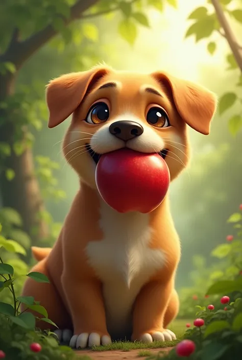 Dog with an apple in its mouth