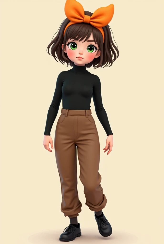 Generator me a short Brown haired girl with green eyes. She wears a Black turtleneck with Brown pants and Black shoes, she Has a Orange bow on top of her head