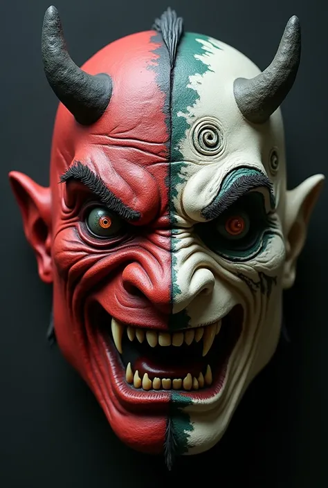  Imagine a half-faced mask ,  with the part that goes from the nose down ,  that fuse distinctive traits of the Japanese Oni and the Celtic Fomori ,  creating a terrifying and powerful figure .

 The lower half of the mask is dominated by a ferocious and w...