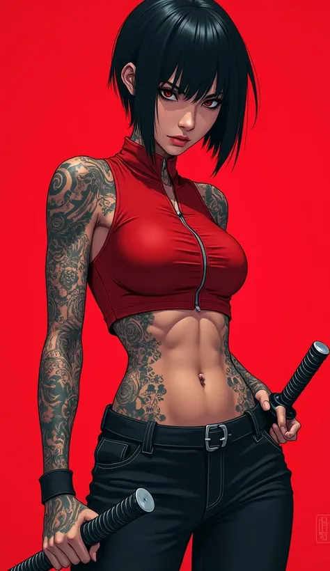 A sleek Female mecha warrior with short black hair, wearing a red crop shirt and dark pants, showcasing numerous intricate tattoos on her arms and stomach. She holds a katana in one mecha hand and poses confidently against a vibrant red background, emphasi...