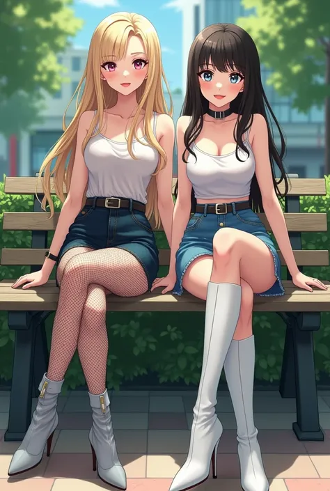 Fair skin, anime character beautiful young teenage 2girls,in city park Posing Kneeling on park bench showing her slender legs and beautiful high heeled shoes . She has long blonde hair dark She has strong makeup, blush, cutcrease eyeshadow, smudged eyeline...