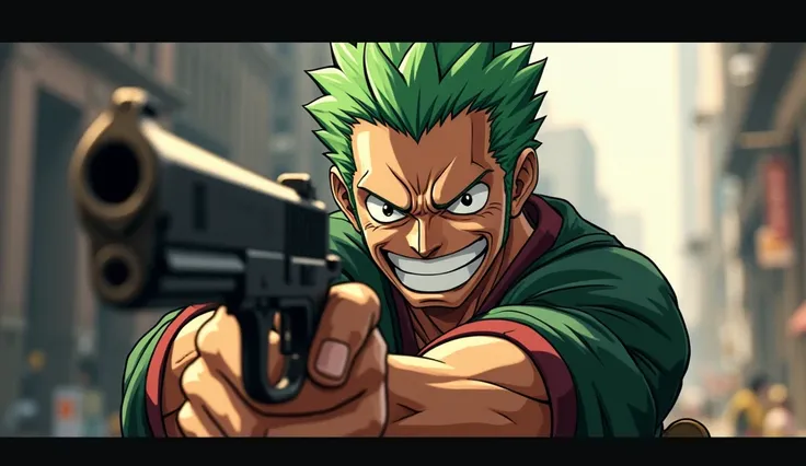 Create an image of Roronoa Zoro with a memes face and with a gun like the cartoon game GTA V