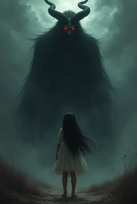 A terrifying picture of a jinn looking at a girl with long hair with a terrifying background