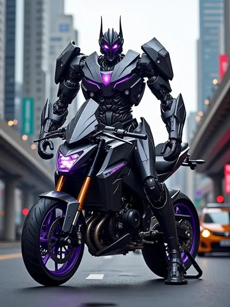 Yamaha XTZ 250X, Black And Purple, as a Transformers, downtown background