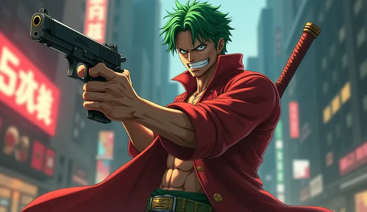 Create an image of Roronoa Zoro with a white-faced smile and with a gun like the cartoon game GTA V 