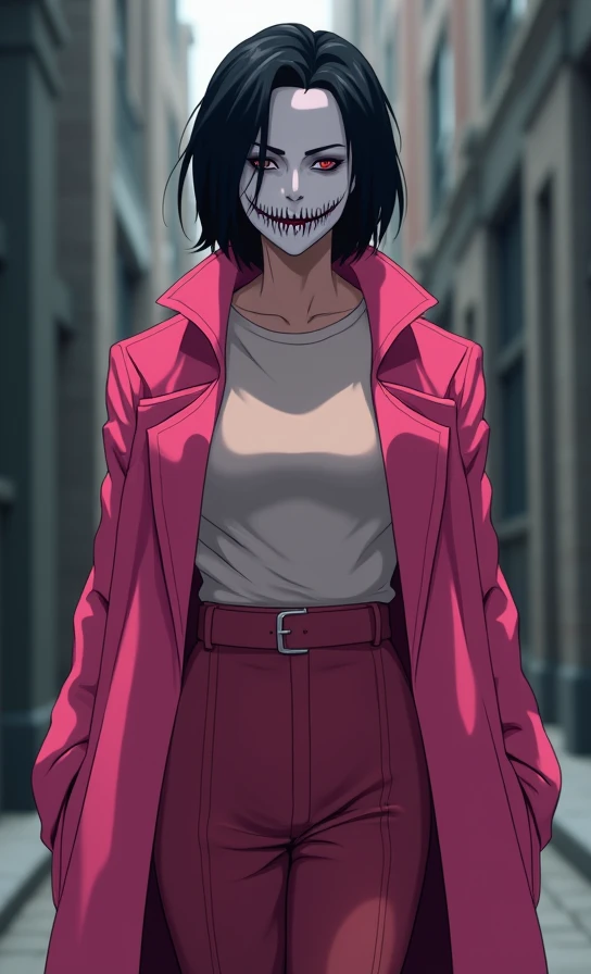  Selene is a woman of medium height ,  but her presence is discreet .  She wears a vibrant pink coat that catches the eye,  combined with a skirt and a knitted pants . Your white mask,  with a disturbing smile , hides her face ,  creating an aura of myster...