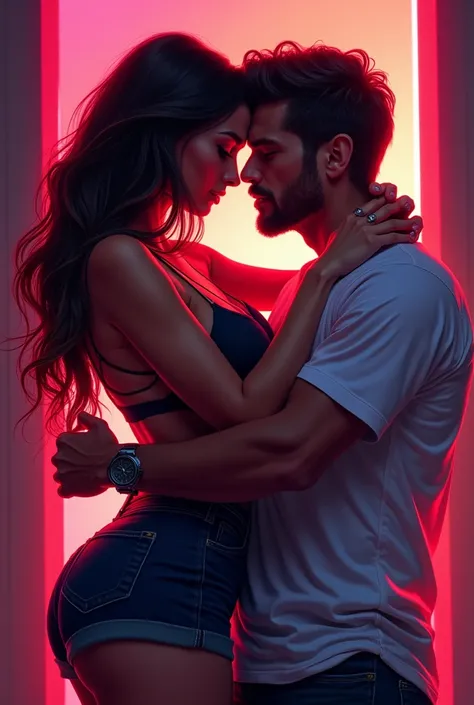 An intense and sensual digital illustration of a couple in a passionate embrace, with a dynamic and modern style. The woman is confident and empowered, exuding a bold energy, while the man is behind her, creating a sense of closeness and intimacy. The back...