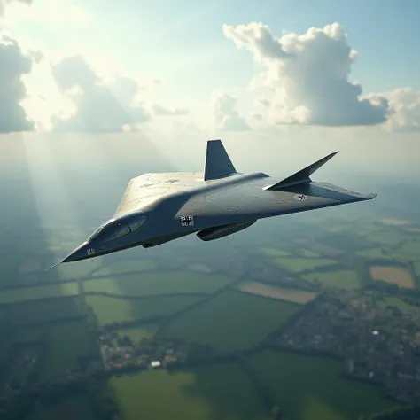  Photorealistic , highly detailed image of the German Luftwaffe B-2 strategic jet bomber using stealth technology,  floating through a partially cloudy summer sky .  The aircraft has German black crosses with a clear border , And you can see,  how light re...