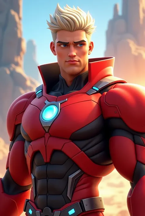  creates an image of an animated character named David, an English man with muscle,  20-year-old white-haired blonde  ,  wears red hero armor that has firepower  
