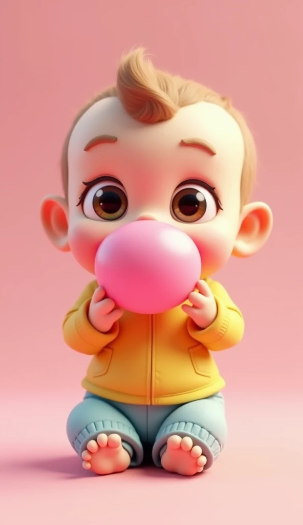  Create a stylized 3D baby with cute and fun features .  Hes chewing gum and blowing a big pink bubble of gum ,  with a cheek slightly inflated with air .  Add details like bright eyes , soft hair and a colorful outfit .  The scene should be cheerful and i...