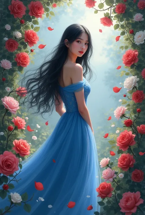 Please create a webnovel cover with a beautiful girl who has black hair and wear a blue dress and stand in Rose field 