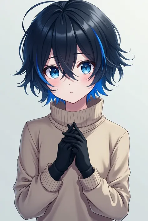  pale anime boy with black hair with blue strands in it  ,  and blue eyes .  He has a sweater on a beige sweater with rolled up sleeves and black gloves