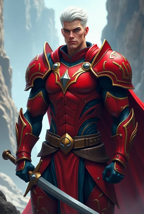 Create an image of an animated character named David an English man with muscle, 20-year-old white-haired blonde  , Wear red hero armor from ancient Viking kingdoms that has firepower