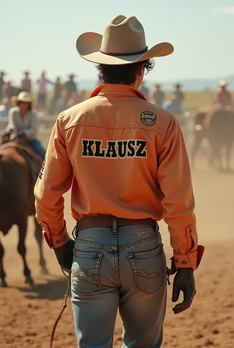  29 year old denim full of dust .  short haired with a denim hat .  With an orange denim shirt .  with prints  en las mangas con el nombre KLAUSZ.  with sponsor on the shirt .  With rodeo gloves .  With faded denim jeans .  with prints . and cowboy boots. ...