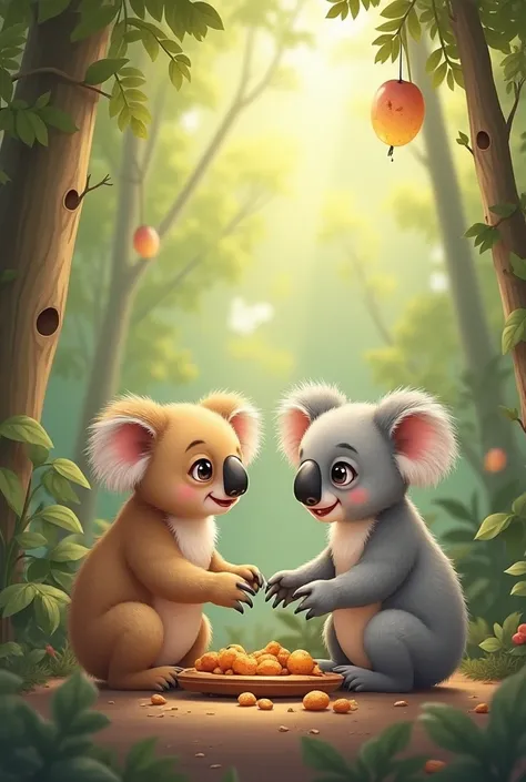 Make illustrative scenario of Two Koala brothers asking there mother if they eat what she is making with hope in their eyes