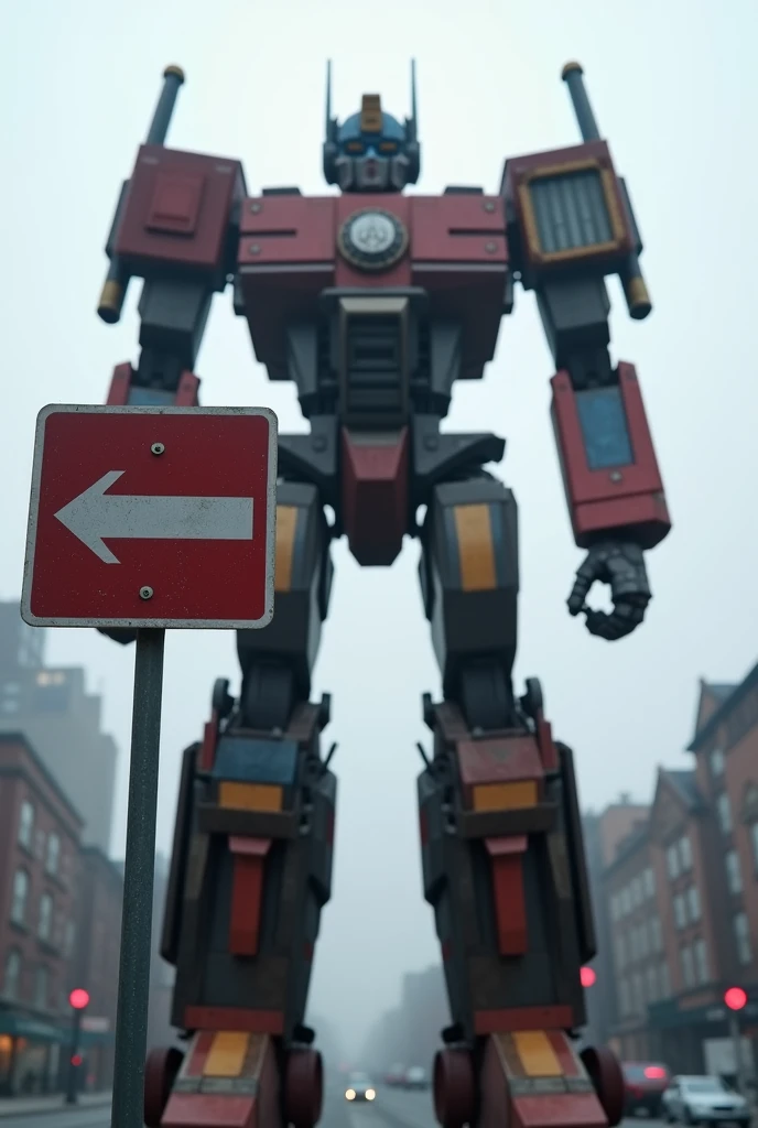 a close up of a street sign with a giant robot in the background, colossal robot, giant mecha robot, robot monster in background, robot made of truck parts, from transformers, giant robot mech, giant mech, transformers!!!!!!!!!!!!!, giant anime mecha, shot...