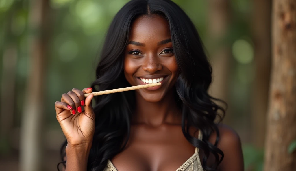 Young 25 year old African Beautiful Black Tribe Women Standing in Confidence smiling and holding a small stick in her Mouth with right hand with White Teeth and extra large big "Boobs" and "big cleavage" in Bra and Long Black hair.