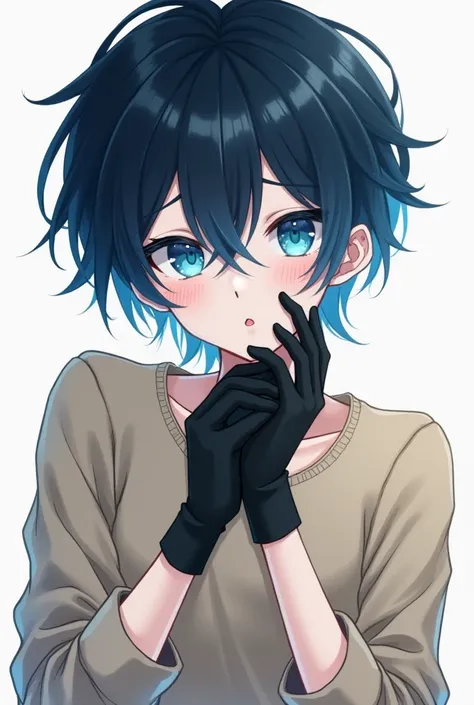 Pale anime BOY  pale anime boy with black hair with blue strands in it  ,  and blue eyes .  He has a sweater on beige sweater with rolled up sleeves and black gloves where half fingers are free 