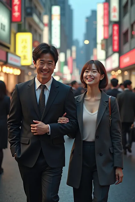 A lifelike, high-quality image capturing a slender, tall Japanese woman with smooth, porcelain-like skin and short brown hair walking arm-in-arm with a shorter, heavyset Japanese man through a crowded city street. Their expressions are joyful and relaxed, ...