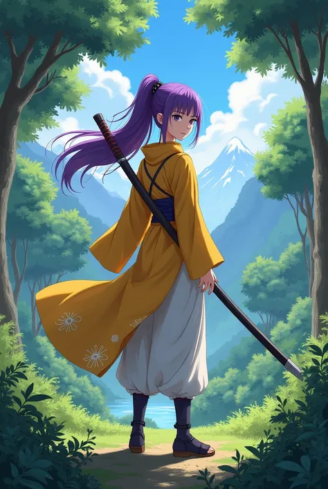 Create an image of a genin ninja wearing a yellow kimono, she has purple hair and eyes, and carries a huge iron kanabō on her back, make the image inspired by the anime Naruto