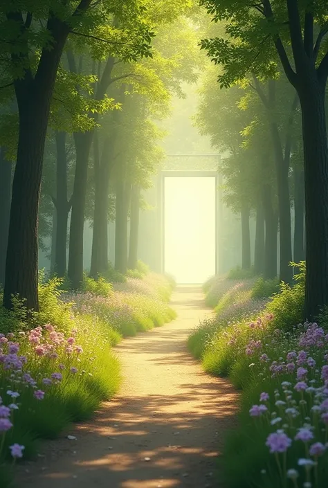 A long road, the last door is in a beautiful place like heaven full of flowers and trees
