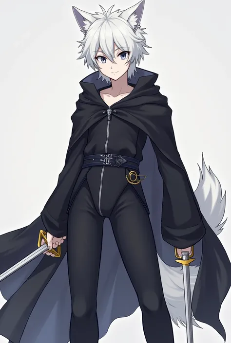 A white-haired male anime character wearing a black cloak, with a long-sleeved hood, long legs, gray eyes, with white wolf ears and a white wolf tail, aged about 20 to 25 years, holding two silver swords.