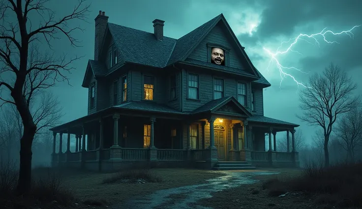  An old mansion on top of a hill , surrounded by dead trees .  The house has broken windows and wide open doors . In the attic window,  a horrifying face with hollow eyes and a crooked smile watches the camera.  Lightning illuminates the scene ,  highlight...