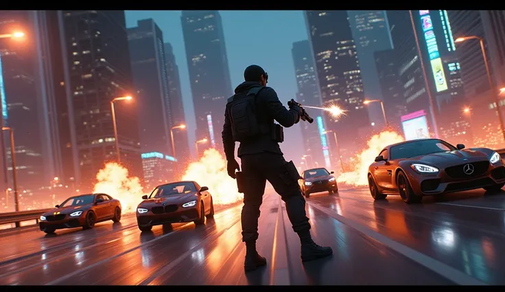 "A high-octane action scene set in a modern city at Day, illuminated by glowing skyscrapers and vibrant streetlights. On a bustling highway, a lone main character in tactical gear stands in a heroic pose, firing a gun toward a group of gang members. The ch...