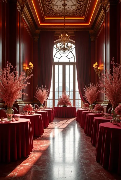 Decoration for couples of a large living room that shows a panoramic view of this place from top to bottom ,  where it contains several tables with wine-colored tablecloth and you can also see the entrance with flowers and wine-colored roses.