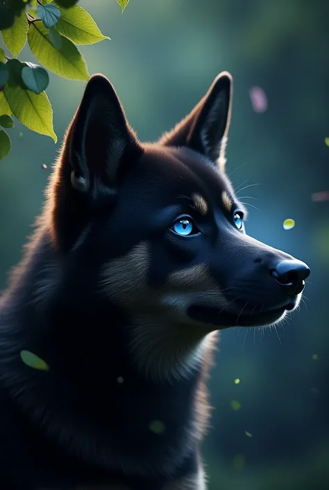 créez une image hyper réaliste 4k d une vue rapprochée du visage dun shiba inu noir. Le chien noir a de grands yeux bleus perçants qui brillent sous la lumière. Des reflets de lumière et des étincelles semblent danser autour de lui, créant une atmosphère m...