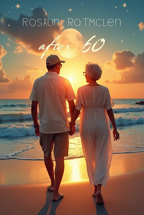 The model is wearing glass sunglasses with stars and the moon Book cover design illustrating a serene scene of an elderly couple, a Black woman with short hair and a Caucasian man with a cap, walking on a beach during sunset, with gentle waves and soft col...