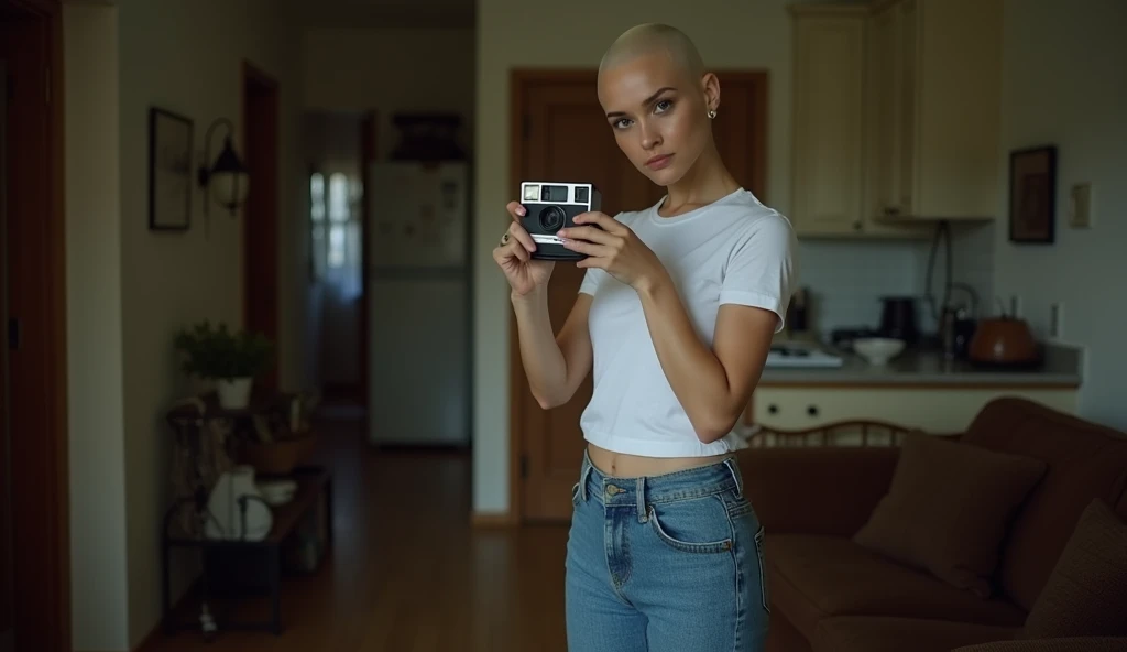 A slender white woman with light brown eyes, a shaved head resembling Lady Gaga, wearing a plain white T-shirt, blue jeans, and black sneakers, stands up from the brown sofa. Holding the Polaroid camera, she points it toward the kitchen, which is partially...