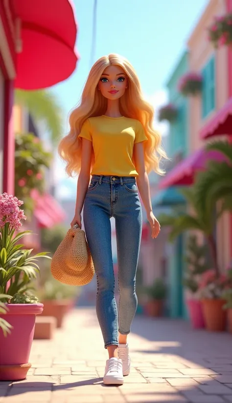  Realistic image of Barbie wearing jeans and yellow t-shirt , white tennis, straw bag,  shopping for craft supplies at a Stationery Store at Shopping Pink in Barbieland, On a beautiful afternoon 