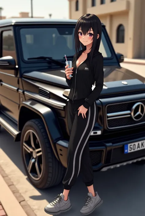  1 girl with smooth black hair,   with black eyes , with a beautiful smile ,  black sportswear ,   gray sneakers with black laces ,   on one side, a baton  ,  kebab on hand in a glass, in Dubai,  next to each other is a black mercedes benz g500 