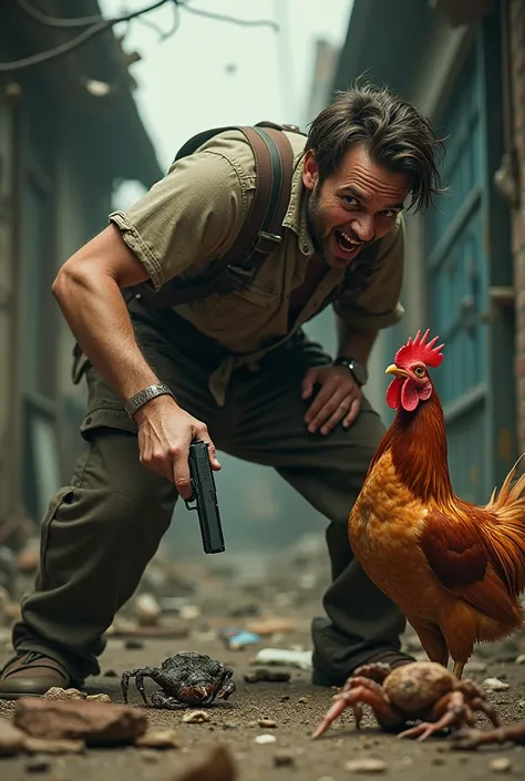 Man pooping and fighting a chicken with a glock and a hermit crab