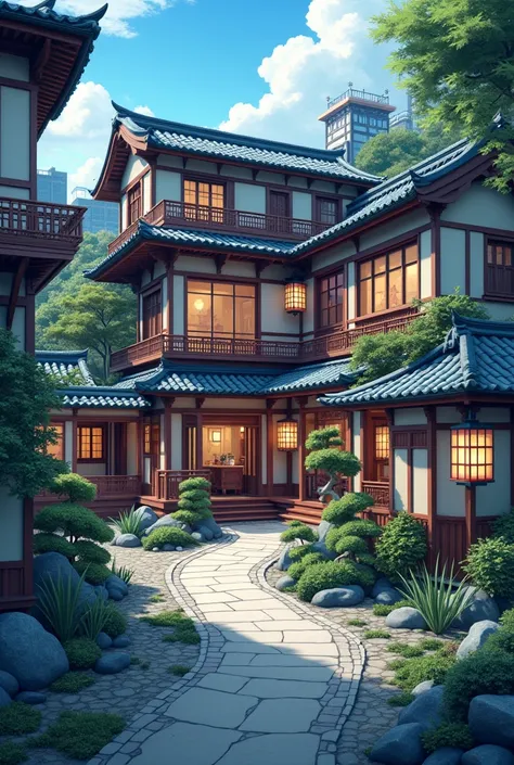  Create a residence in Japan , not so modern ,  but also not so colonial,  anime style , in the city 