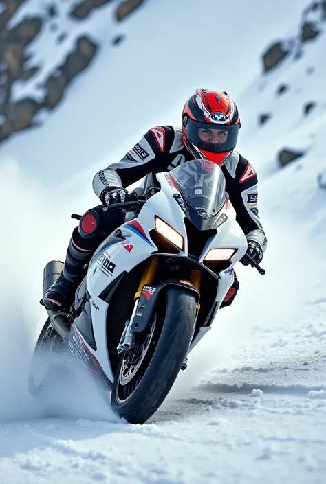 Genera un rider aggressivo che guida una BMW ss1000r sulle montagne italiane innevate