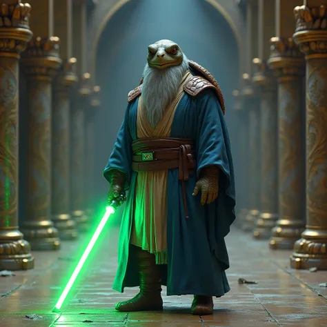  Male humanoid turtle . of average height. With a silver beard .  He wears blue and brown Jedi robes .  He wears brown boots .  He wears a single-blade light sabre in green .  he stands in the middle of a shiny earthenware path . Around her you can see lad...