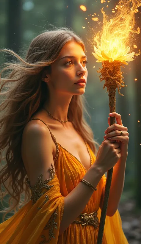 Virgo elegantly raises her glowing staff, summoning magical energy that radiates like petals. Her calm face transforms into focus, with her long hair flowing in an unseen wind. Ultrarealistic magical effects blend with vibrant floral details.
