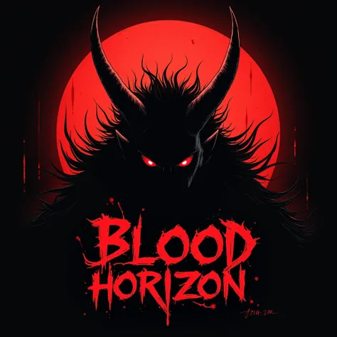 Create an anime-format logo with black and red colors that says Blood Horizon and that symbolizes blood  con una figura de un demonio