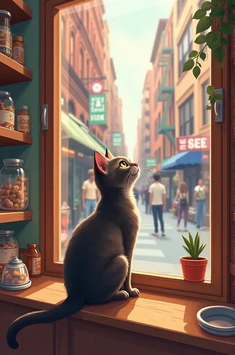 Create an image of a tabby cat looking out the window of a pet store in New York I want a 2D image I want a little younger its age to be equivalent to a person of 30 I want a 2D cartoon image I want a darker shade