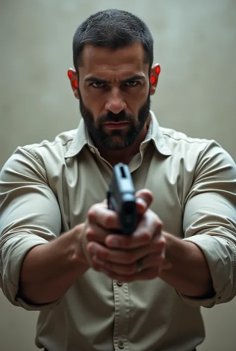 Man without beard and holding a gun in hands and wearing shirt 