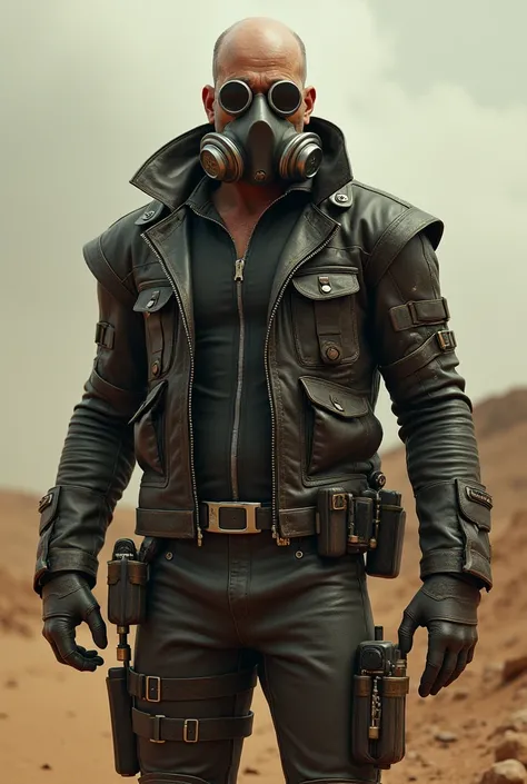 Tall bald man , wearing a gas mask and dressed in Mad Max latex