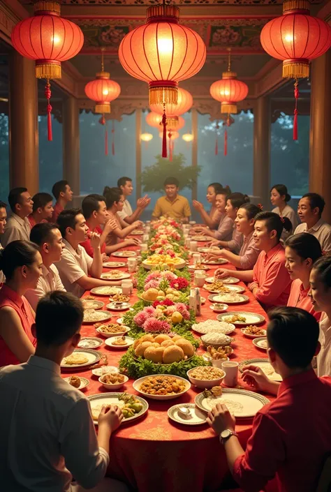 Photo of many Thai people sitting at the party table celebrating the New Year
